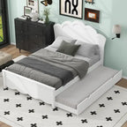 Cama de plataforma de madera tamaño matrimonial con cabecero y cama nido individual