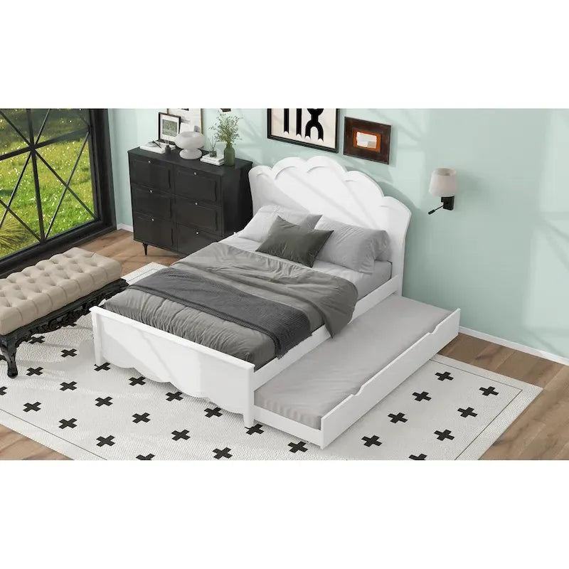 Cama de plataforma de madera tamaño matrimonial con cabecero y cama nido individual