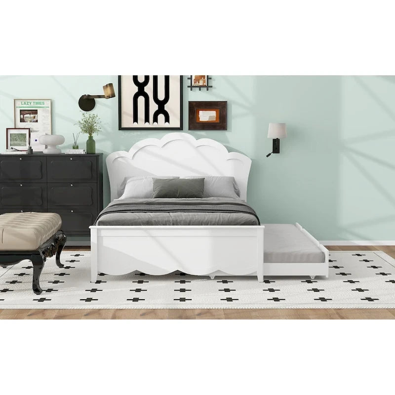 Cama de plataforma de madera tamaño matrimonial con cabecero y cama nido individual