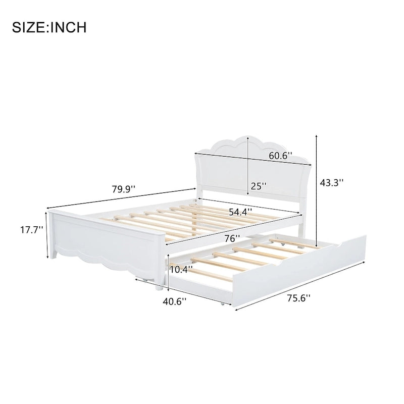 Cama de plataforma de madera tamaño matrimonial con cabecero y cama nido individual