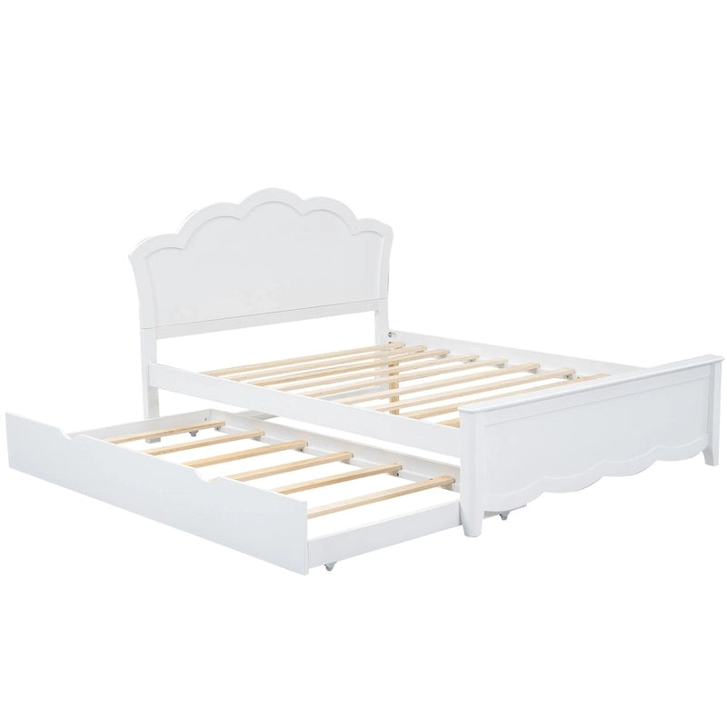 Cama de plataforma de madera tamaño matrimonial con cabecero y cama nido individual