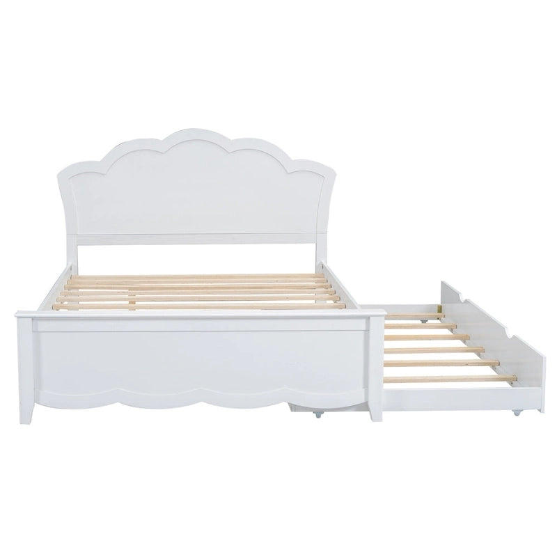 Cama de plataforma de madera tamaño matrimonial con cabecero y cama nido individual