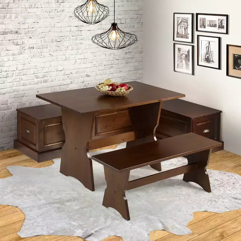 Juego de comedor de rincón en forma de L Colby de 3 piezas con banco sin respaldo, color marrón - Linon: Estructura de madera, 5 asientos, base de caballete