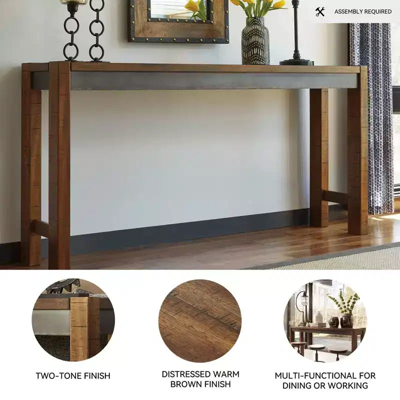 Mesa de comedor a la altura del mostrador Torjin de Signature Design by Ashley, color marrón: estilo industrial urbano, metal pavonado envejecido, 3 plazas