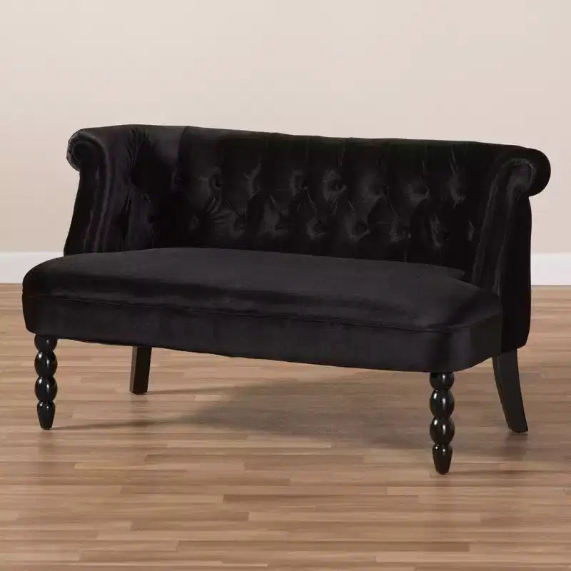 Sofá biplaza tapizado de terciopelo contemporáneo estilo victoriano de lino negro - Baxton Studio: elegante, de poliéster, diseño capitoné, estructura de madera
