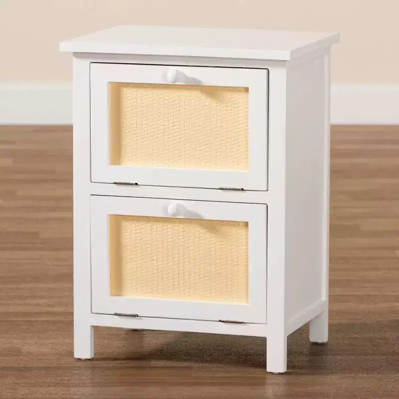 Sariah Wood Rattan 2 Door Nightstand White - Baxton Studio