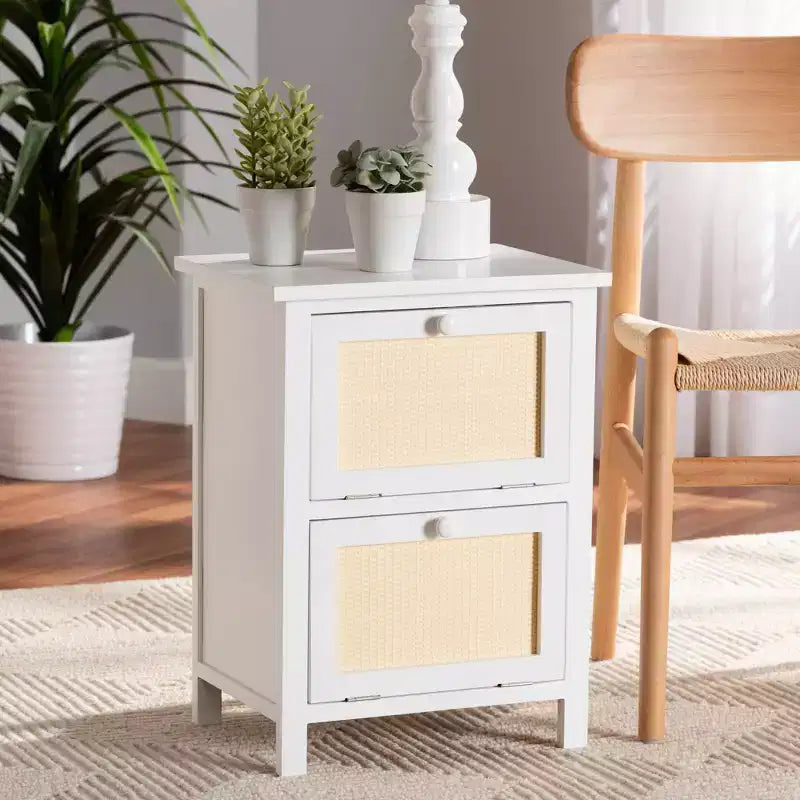 Sariah Wood Rattan 2 Door Nightstand White - Baxton Studio