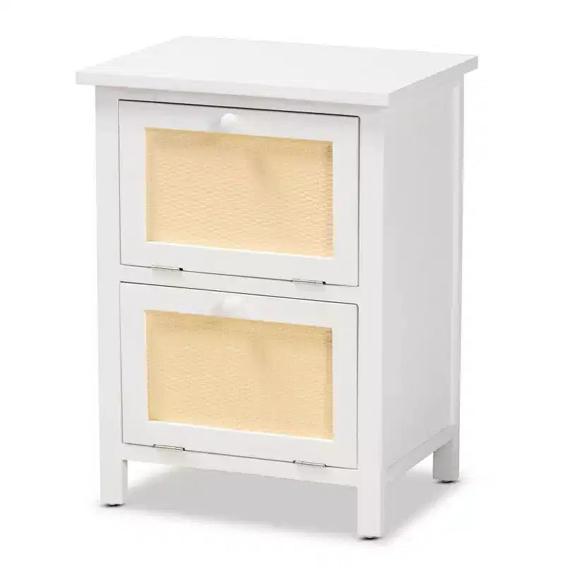 Sariah Wood Rattan 2 Door Nightstand White - Baxton Studio