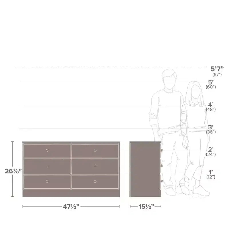 Cómoda doble de 6 cajones Prepac Astrid de 26.85 pulgadas para dormitorio, cómoda ancha, muebles de dormitorio, color blanco