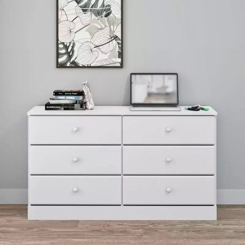 Cómoda doble de 6 cajones Prepac Astrid de 26.85 pulgadas para dormitorio, cómoda ancha, muebles de dormitorio, color blanco