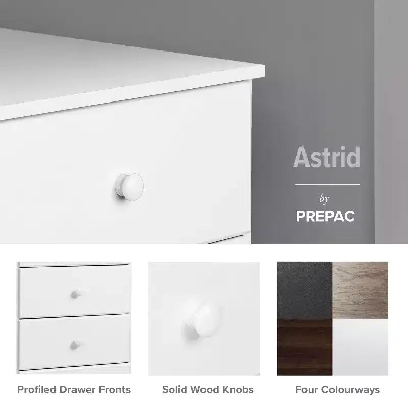 Cómoda doble de 6 cajones Prepac Astrid de 26.85 pulgadas para dormitorio, cómoda ancha, muebles de dormitorio, color blanco
