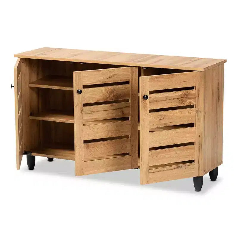 Gisela Wood Armario de 3 Puertas Roble Marrón/Negro - Baxton Studio: Estilo Náutico, 6 Estantes Fijos, Marco de Madera