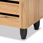 Gisela Wood Armario de 3 Puertas Roble Marrón/Negro - Baxton Studio: Estilo Náutico, 6 Estantes Fijos, Marco de Madera