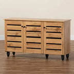 Gisela Wood Armario de 3 Puertas Roble Marrón/Negro - Baxton Studio: Estilo Náutico, 6 Estantes Fijos, Marco de Madera