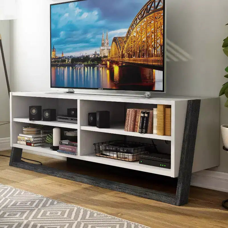 Soporte para TV grande miBasics Etteridge de 4 estantes para televisores de hasta 68" gris: estilo de transición, acabado de dos tonos, herrajes de metal