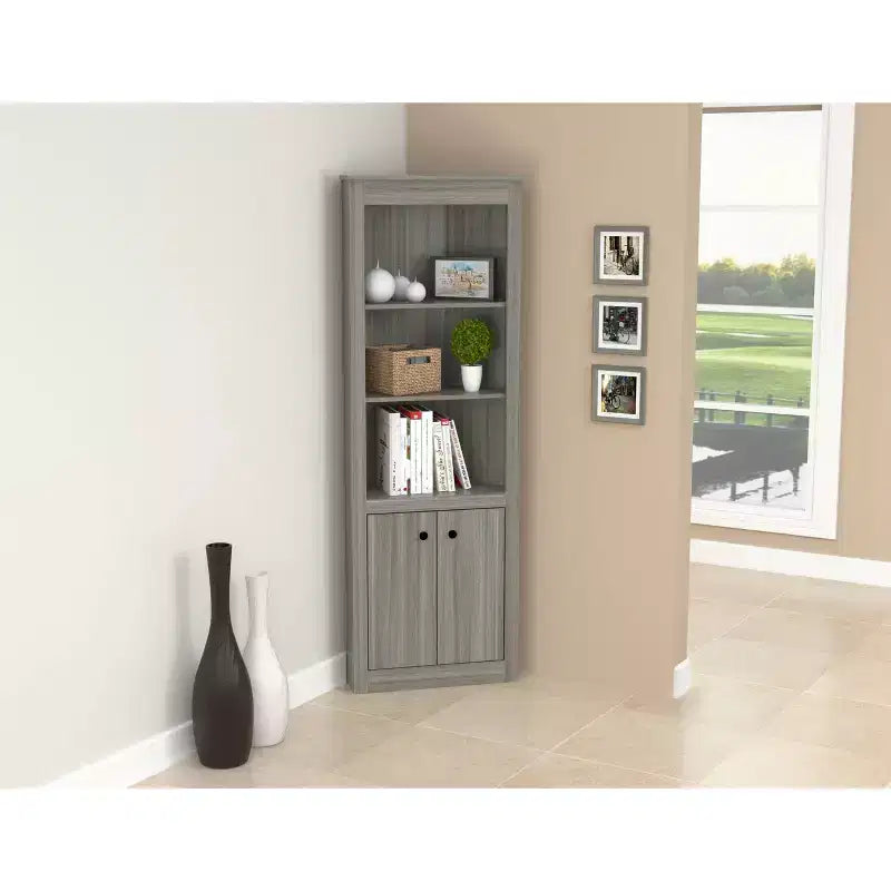 Estantería esquinera de 70.02" gris - Inval: Roble ahumado moderno, 3 estantes, almacenamiento con doble puerta