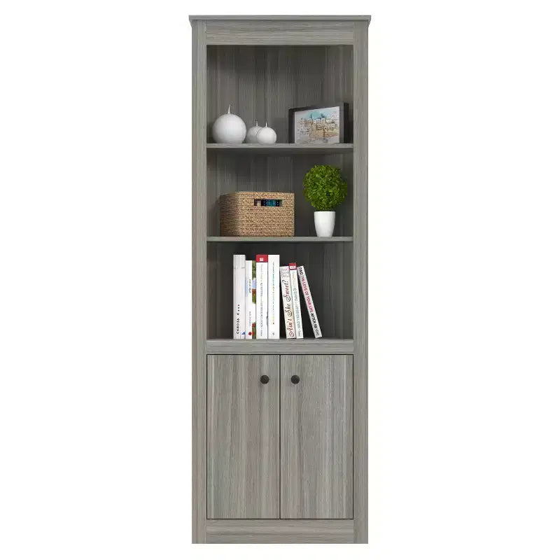 Estantería esquinera de 70.02" gris - Inval: Roble ahumado moderno, 3 estantes, almacenamiento con doble puerta