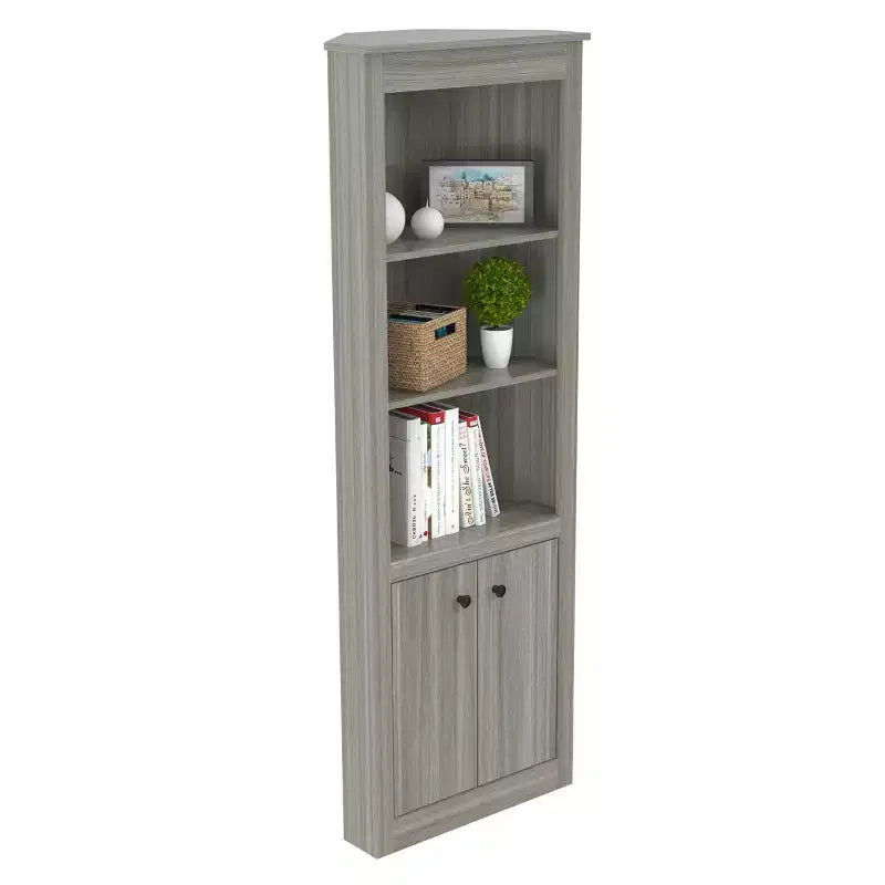 Estantería esquinera de 70.02" gris - Inval: Roble ahumado moderno, 3 estantes, almacenamiento con doble puerta