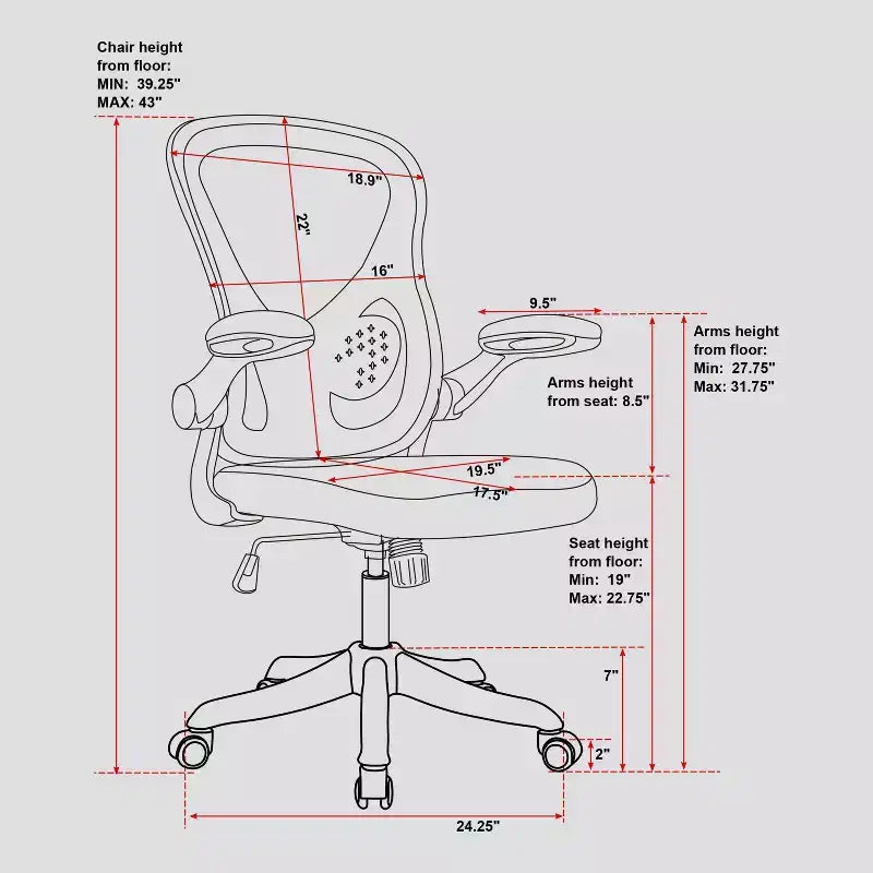 Silla de oficina Techni Mobili Task de malla con brazos plegables, color negro - Techni Mobili: ergonómica, ajustable, giratoria, estructura de nailon