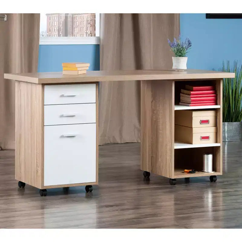 Juego de escritorio modular Kenner de 3 piezas con 2 cajones y 3 estantes de madera recuperada - Winsome