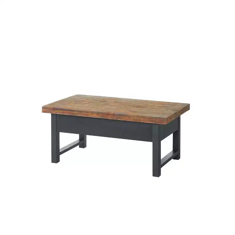 Mesa de centro Pomona de 42": Almacenamiento rústico con tapa elevable, madera de pino envejecida, estilo industrial, estructura negra