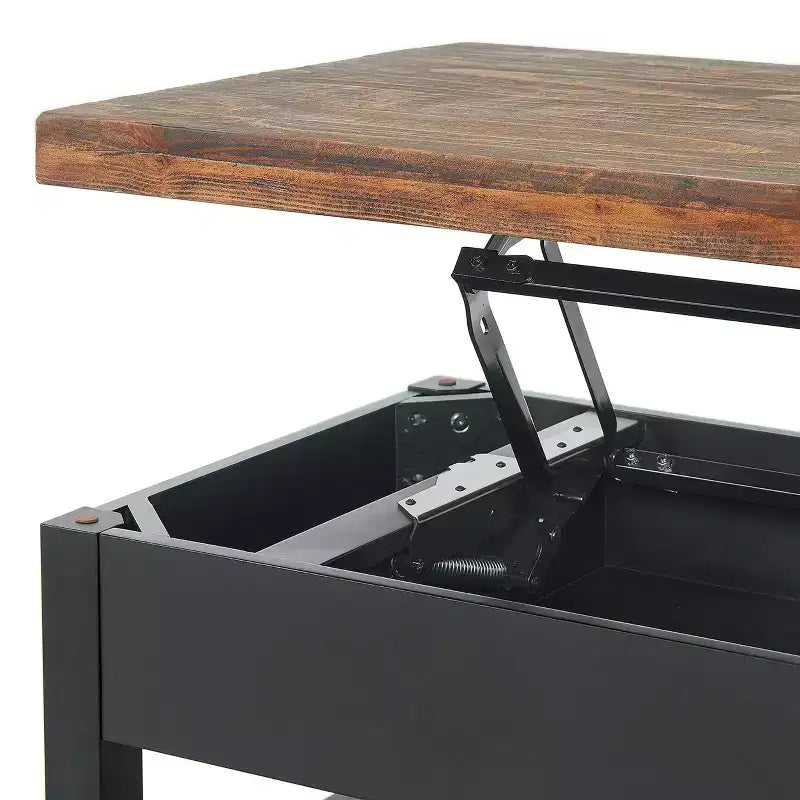 Mesa de centro Pomona de 42": Almacenamiento rústico con tapa elevable, madera de pino envejecida, estilo industrial, estructura negra