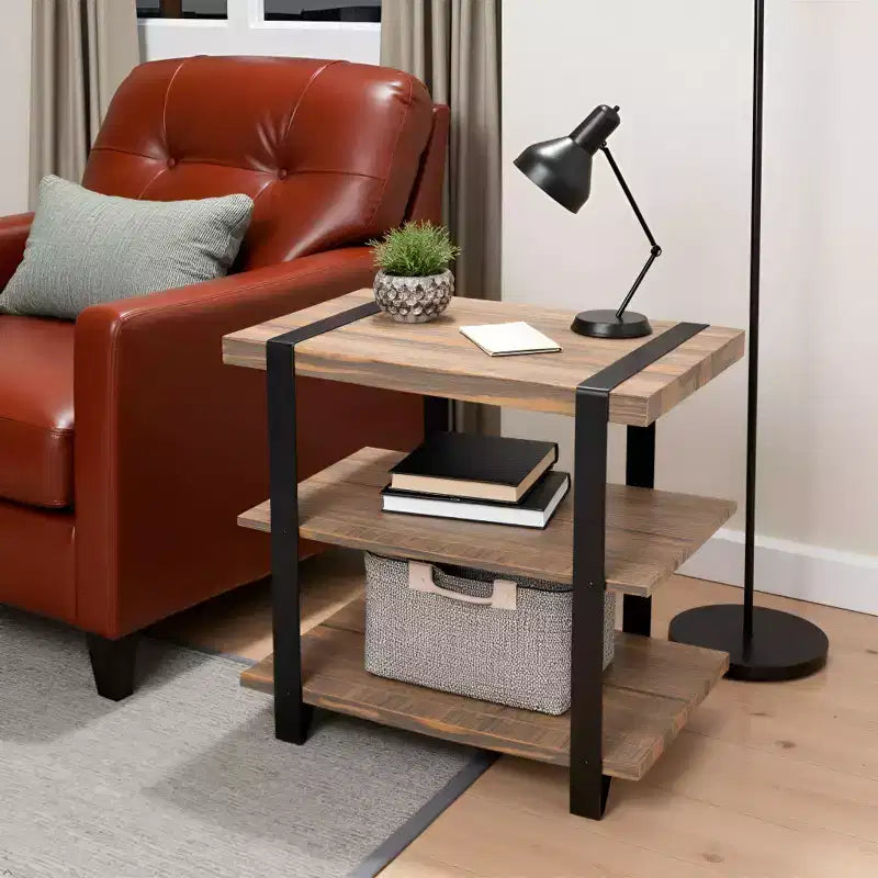 Mesa auxiliar de 27 pulgadas Modesto con 2 estantes y correa de metal, madera - Alaterre Furniture: Diseño rústico industrial, estructura negra