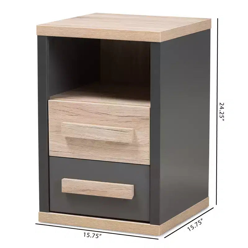 Pandora Mesita de noche moderna y contemporánea de dos tonos con 2 cajones gris oscuro - Baxton Studio: Mesita de noche con almacenamiento, madera MDF