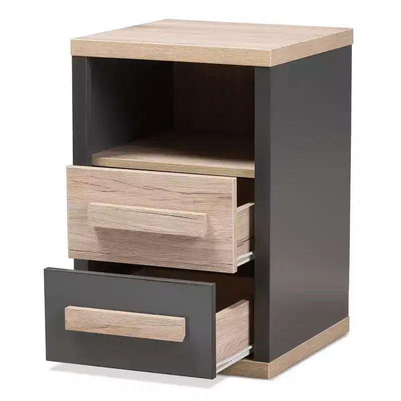 Pandora Mesita de noche moderna y contemporánea de dos tonos con 2 cajones gris oscuro - Baxton Studio: Mesita de noche con almacenamiento, madera MDF