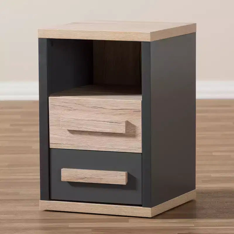 Pandora Mesita de noche moderna y contemporánea de dos tonos con 2 cajones gris oscuro - Baxton Studio: Mesita de noche con almacenamiento, madera MDF