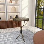 Mesa redonda con pedestal de metal y cristal dorada - Olivia & May