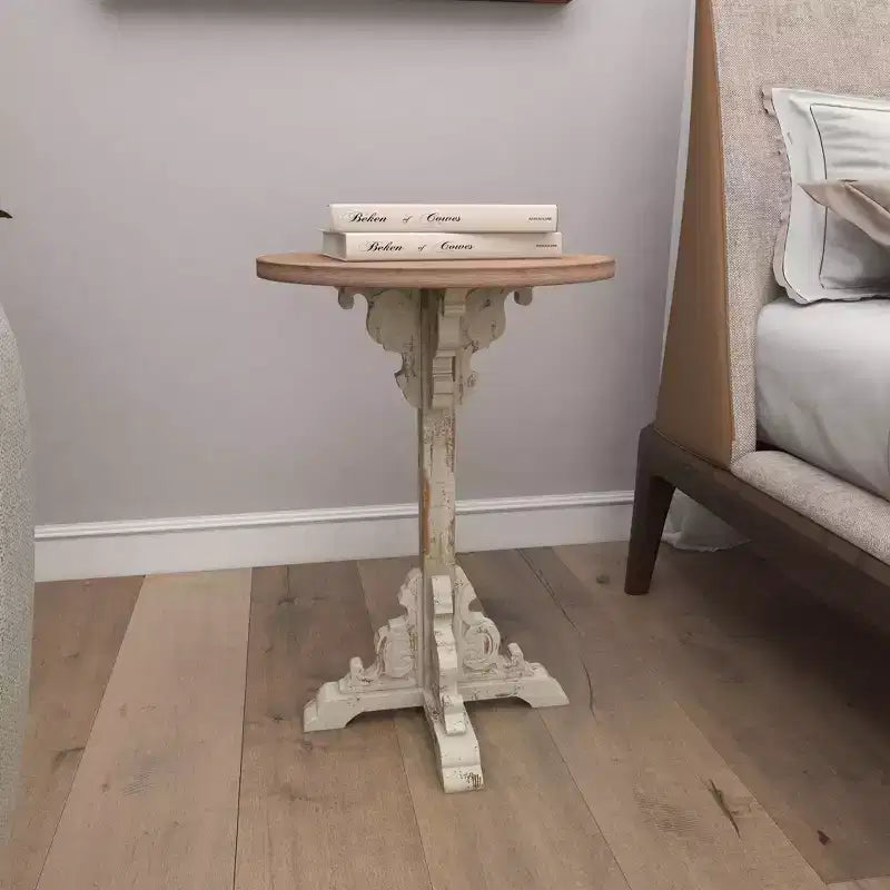 Mesa auxiliar de abeto chino estilo casa de campo gris - Olivia y May: Pedestal, Uso en interiores, Forma redonda