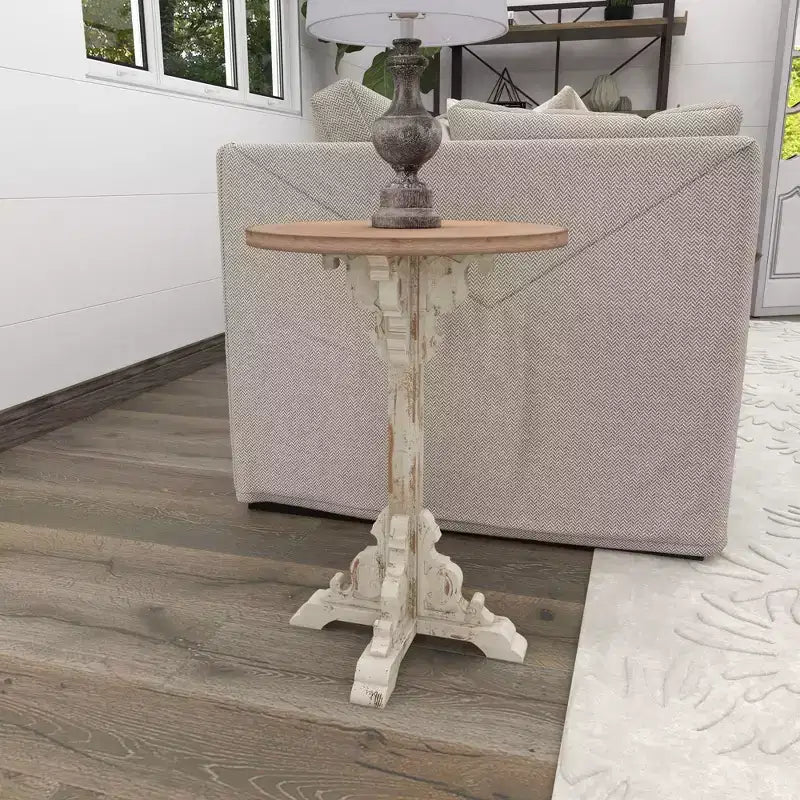 Mesa auxiliar de abeto chino estilo casa de campo gris - Olivia y May: Pedestal, Uso en interiores, Forma redonda
