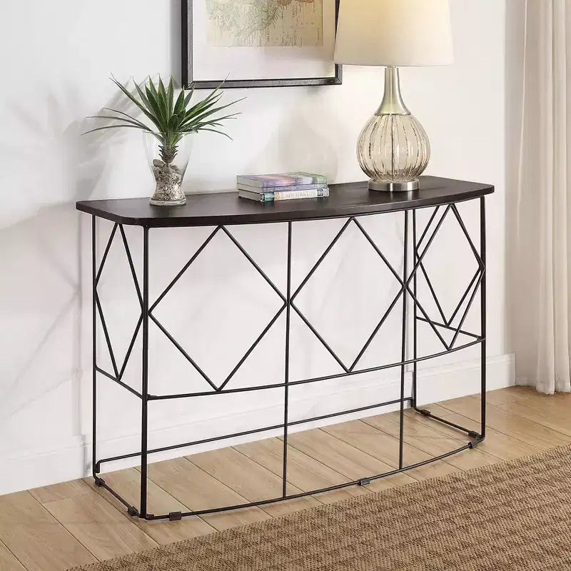 Mesa de sofá rectangular Drixol Nogal - miBasics: Estructura de acero, MDF y chapado de madera, 76,2 cm de alto, perfil estrecho