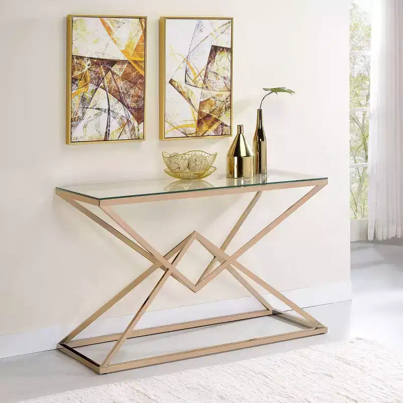 Mesa de sofá Justi con tapa de cristal chapada en oro - miBasics: Estructura de acero, entrada, diseño moderno, 47.25" An.