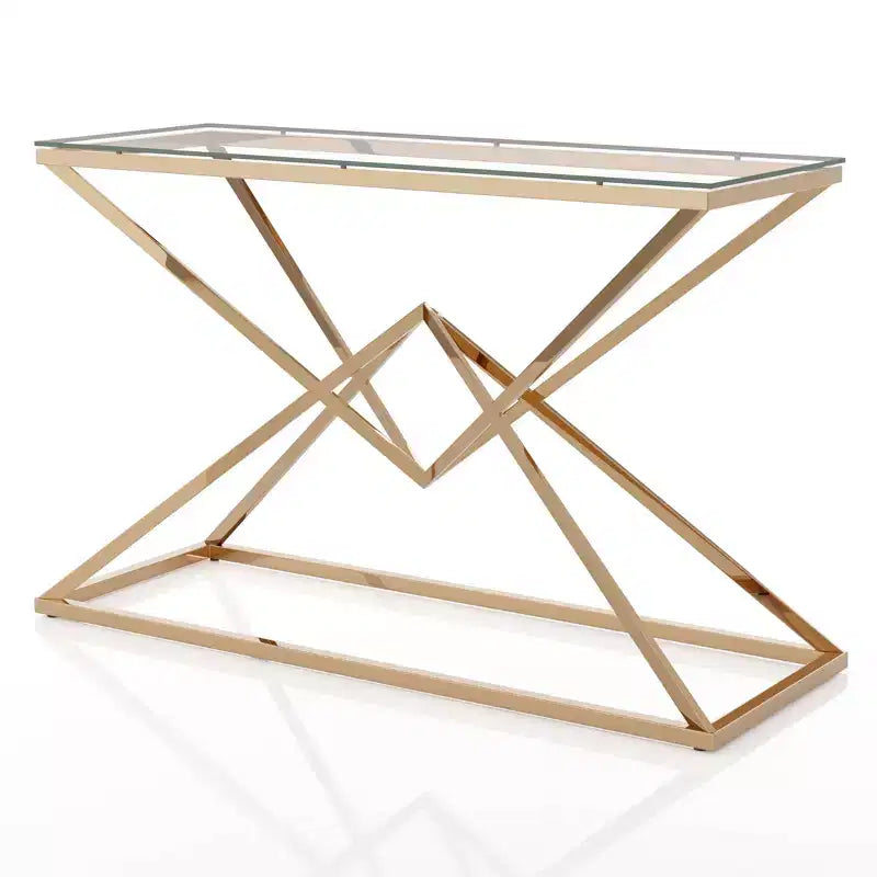 Mesa de sofá Justi con tapa de cristal chapada en oro - miBasics: Estructura de acero, entrada, diseño moderno, 47.25" An.
