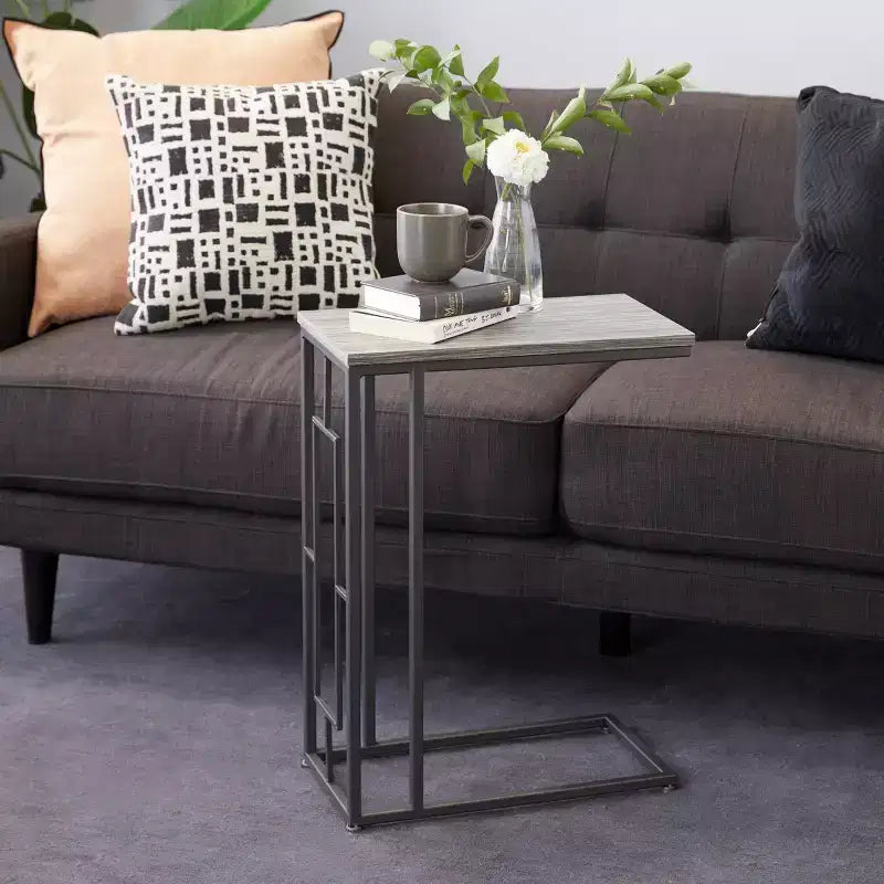Mesa auxiliar contemporánea de hierro y madera gris claro - Olivia & May: Mesa auxiliar de sofá, mesa auxiliar en forma de C de 26 pulgadas de alto