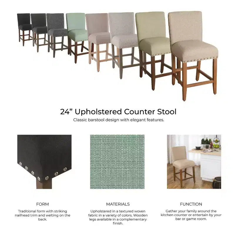 Taburete de bar tapizado de 24" de altura para mostrador con tachuelas - HomePop