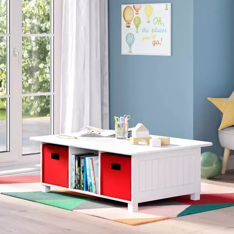 Mesa de actividades y juegos para niños RiverRidge con 6 compartimentos de almacenamiento, blanca con 2 cubos de tela