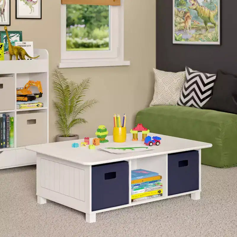 Mesa de actividades y juegos para niños RiverRidge con 6 compartimentos de almacenamiento, blanca con 2 cubos de tela