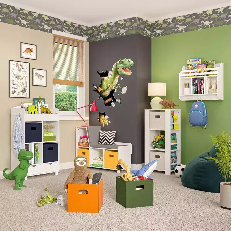 Mesa de actividades y juegos para niños RiverRidge con 6 compartimentos de almacenamiento, blanca con 2 cubos de tela
