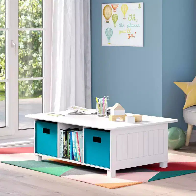 Mesa de actividades y juegos para niños RiverRidge con 6 compartimentos de almacenamiento, blanca con 2 cubos de tela