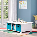 Mesa de actividades y juegos para niños RiverRidge con 6 compartimentos de almacenamiento, blanca con 2 cubos de tela