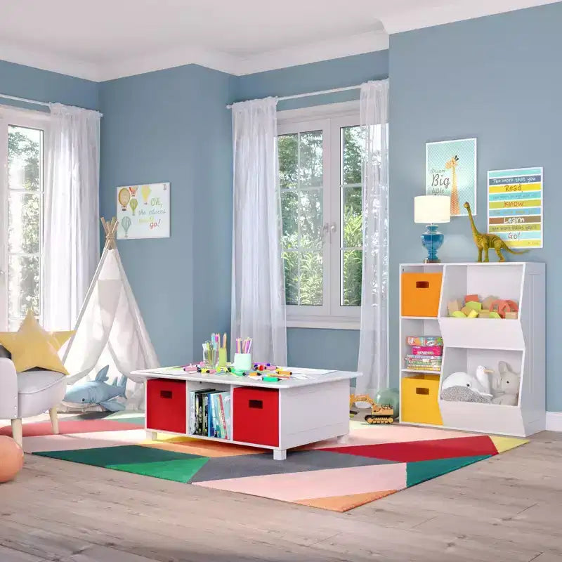 Mesa de actividades y juegos para niños RiverRidge con 6 compartimentos de almacenamiento, blanca con 2 cubos de tela