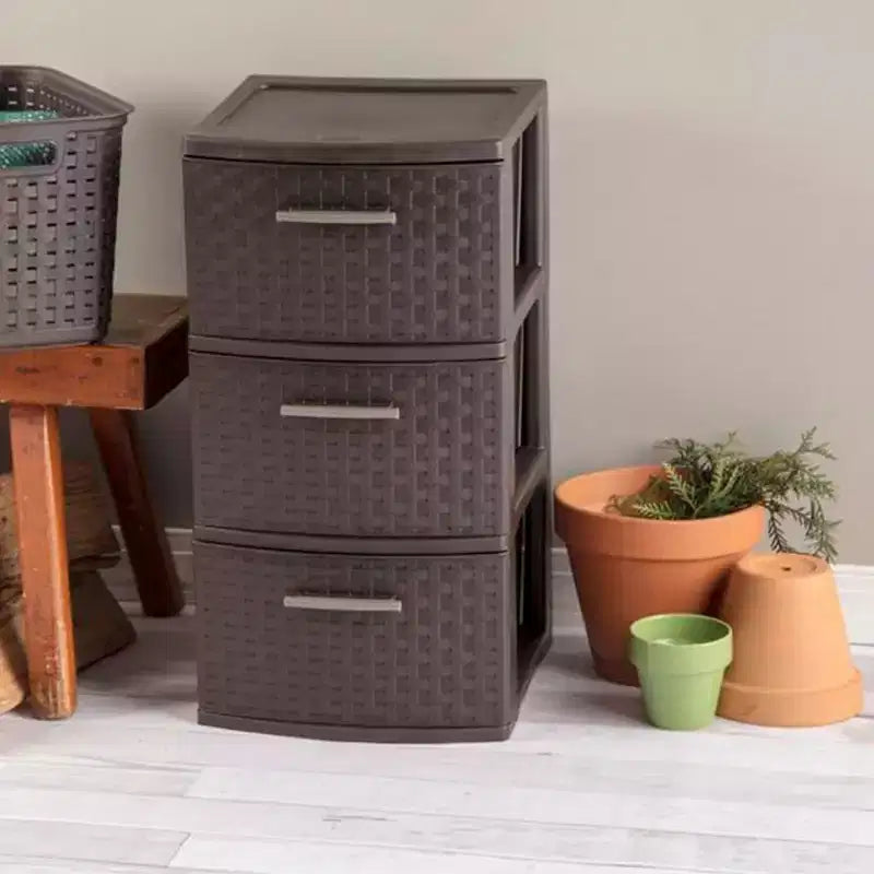 Torre de almacenamiento Sterilite de 3 cajones, cajones decorativos de plástico tejido para organización de dormitorios, armarios, habitaciones o salas de manualidades, paquete de 2, Espresso