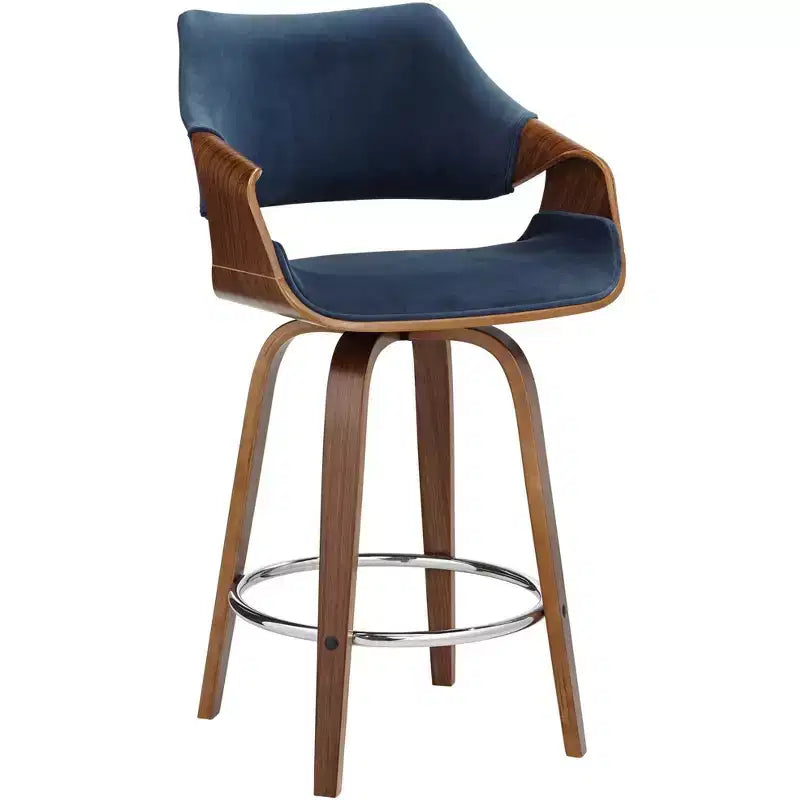 Studio 55D Westin Walnut Swivel Bar Stool 25 3/4 High Mid Century Modern Blue Cushion with Backrest Footrest for Kitchen Counter Height Island House