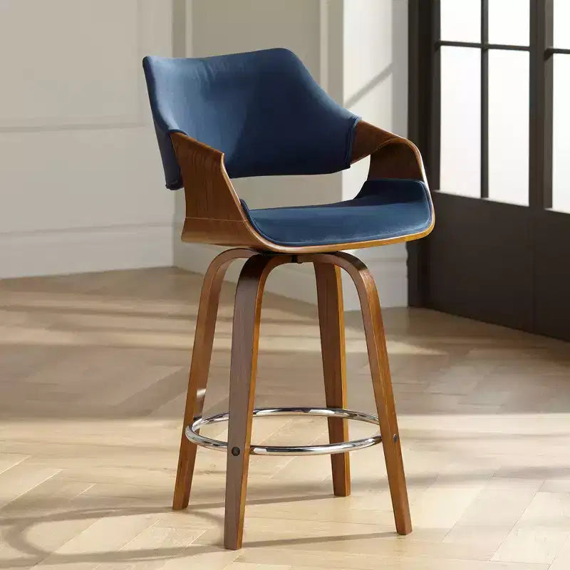 Taburete de bar giratorio Westin Walnut Studio 55D de 25 3/4 pulgadas de alto, cojín azul moderno de mediados de siglo con respaldo y reposapiés para mostrador de cocina, isla, casa