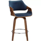 Taburete de bar giratorio Westin Walnut Studio 55D de 25 3/4 pulgadas de alto, cojín azul moderno de mediados de siglo con respaldo y reposapiés para mostrador de cocina, isla, casa