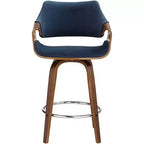 Taburete de bar giratorio Westin Walnut Studio 55D de 25 3/4 pulgadas de alto, cojín azul moderno de mediados de siglo con respaldo y reposapiés para mostrador de cocina, isla, casa