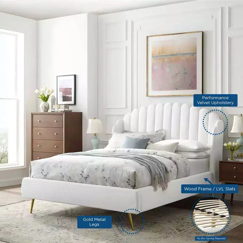 Cama de plataforma con respaldo alado de terciopelo Queen Lana Performance - Modway